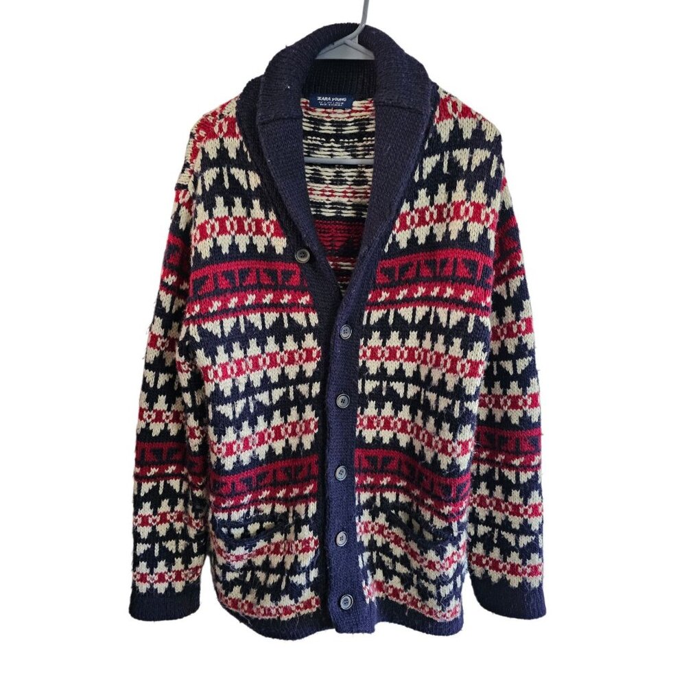 Zara Young Mens Large Shawl Collar Fair Isle Cardigan Wool Blend Knit Sweater - Picture 2 of 7